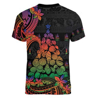 New Caledonia Christmas Women V-Neck T-Shirt Seashell Xmas Tree Tribal Waves - Polynesian Pride