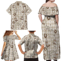 Hawaii Palaka Cowboy Family Matching Off Shoulder Maxi Dress and Hawaiian Shirt Shell Maile Lei With Western Patterns - Polynesian Pride