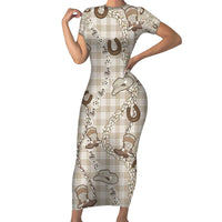 Hawaii Palaka Cowboy Short Sleeve Bodycon Dress Shell Maile Lei With Western Patterns DT05 Long Dress Beige - Polynesian Pride