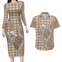 Beige Hawaii Palaka Cowboy Turtle Couples Matching Long Sleeve Bodycon Dress and Hawaiian Shirt Hawaiian Paniolo Puakenikeni Maile Lei DT05 Beige - Polynesian Pride