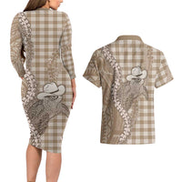 Beige Hawaii Palaka Cowboy Turtle Couples Matching Long Sleeve Bodycon Dress and Hawaiian Shirt Hawaiian Paniolo Puakenikeni Maile Lei DT05 - Polynesian Pride