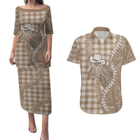 Beige Hawaii Palaka Cowboy Turtle Couples Matching Puletasi and Hawaiian Shirt Hawaiian Paniolo Puakenikeni Maile Lei - Polynesian Pride