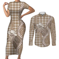Beige Hawaii Palaka Cowboy Turtle Couples Matching Short Sleeve Bodycon Dress and Long Sleeve Button Shirt Hawaiian Paniolo Puakenikeni Maile Lei - Polynesian Pride