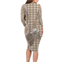 Beige Hawaii Palaka Cowboy Turtle Family Matching Long Sleeve Bodycon Dress and Hawaiian Shirt Hawaiian Paniolo Puakenikeni Maile Lei - Polynesian Pride