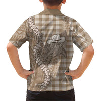Beige Hawaii Palaka Cowboy Turtle Family Matching Off The Shoulder Long Sleeve Dress and Hawaiian Shirt Hawaiian Paniolo Puakenikeni Maile Lei - Polynesian Pride