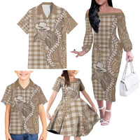 Beige Hawaii Palaka Cowboy Turtle Family Matching Off The Shoulder Long Sleeve Dress and Hawaiian Shirt Hawaiian Paniolo Puakenikeni Maile Lei - Polynesian Pride
