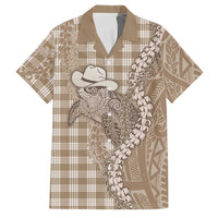Beige Hawaii Palaka Cowboy Turtle Family Matching Off The Shoulder Long Sleeve Dress and Hawaiian Shirt Hawaiian Paniolo Puakenikeni Maile Lei - Polynesian Pride
