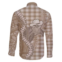 Beige Hawaii Palaka Cowboy Turtle Family Matching Off The Shoulder Long Sleeve Dress and Hawaiian Shirt Hawaiian Paniolo Puakenikeni Maile Lei - Polynesian Pride