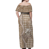 Beige Hawaii Palaka Cowboy Turtle Family Matching Off Shoulder Maxi Dress and Hawaiian Shirt Hawaiian Paniolo Puakenikeni Maile Lei - Polynesian Pride