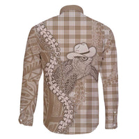 Beige Hawaii Palaka Cowboy Turtle Family Matching Off Shoulder Short Dress and Hawaiian Shirt Hawaiian Paniolo Puakenikeni Maile Lei - Polynesian Pride