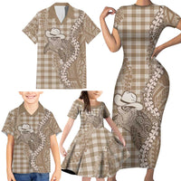 Beige Hawaii Palaka Cowboy Turtle Family Matching Short Sleeve Bodycon Dress and Hawaiian Shirt Hawaiian Paniolo Puakenikeni Maile Lei - Polynesian Pride