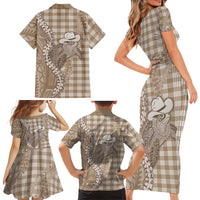 Beige Hawaii Palaka Cowboy Turtle Family Matching Short Sleeve Bodycon Dress and Hawaiian Shirt Hawaiian Paniolo Puakenikeni Maile Lei - Polynesian Pride