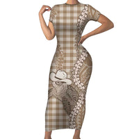 Beige Hawaii Palaka Cowboy Turtle Family Matching Short Sleeve Bodycon Dress and Hawaiian Shirt Hawaiian Paniolo Puakenikeni Maile Lei - Polynesian Pride