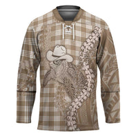 Beige Hawaii Palaka Cowboy Turtle Hockey Jersey Hawaiian Paniolo Puakenikeni Maile Lei - Polynesian Pride