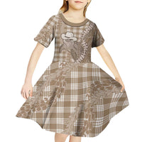 Beige Hawaii Palaka Cowboy Turtle Kid Short Sleeve Dress Hawaiian Paniolo Puakenikeni Maile Lei - Polynesian Pride
