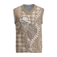 Beige Hawaii Palaka Cowboy Turtle Christmas Knitted V-Neck Vest Hawaiian Paniolo Puakenikeni Maile Lei - Polynesian Pride
