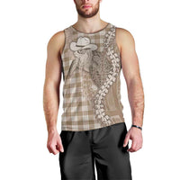 Beige Hawaii Palaka Cowboy Turtle Men Tank Top Hawaiian Paniolo Puakenikeni Maile Lei - Polynesian Pride