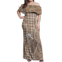 Beige Hawaii Palaka Cowboy Turtle Off Shoulder Maxi Dress Hawaiian Paniolo Puakenikeni Maile Lei - Polynesian Pride
