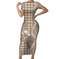 Beige Hawaii Palaka Cowboy Turtle Short Sleeve Bodycon Dress Hawaiian Paniolo Puakenikeni Maile Lei - Polynesian Pride