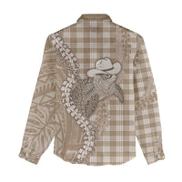Beige Hawaii Palaka Cowboy Turtle Women Casual Shirt Hawaiian Paniolo Puakenikeni Maile Lei - Polynesian Pride