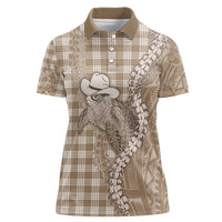 Beige Hawaii Palaka Cowboy Turtle Women Polo Shirt Hawaiian Paniolo Puakenikeni Maile Lei - Polynesian Pride