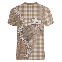 Beige Hawaii Palaka Cowboy Turtle Women V-Neck T-Shirt Hawaiian Paniolo Puakenikeni Maile Lei - Polynesian Pride