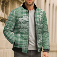 Green Hawaii Palaka Cowboy Turtle Bomber Puffer Jacket Hawaiian Paniolo Puakenikeni Maile Lei - Polynesian Pride