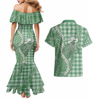 Green Hawaii Palaka Cowboy Turtle Couples Matching Mermaid Dress and Hawaiian Shirt Hawaiian Paniolo Puakenikeni Maile Lei DT05 - Polynesian Pride