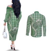 Green Hawaii Palaka Cowboy Turtle Couples Matching Off The Shoulder Long Sleeve Dress and Long Sleeve Button Shirt Hawaiian Paniolo Puakenikeni Maile Lei - Polynesian Pride
