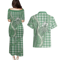 Green Hawaii Palaka Cowboy Turtle Couples Matching Puletasi and Hawaiian Shirt Hawaiian Paniolo Puakenikeni Maile Lei - Polynesian Pride