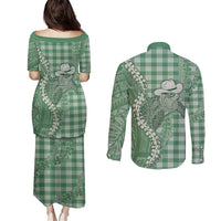 Green Hawaii Palaka Cowboy Turtle Couples Matching Puletasi and Long Sleeve Button Shirt Hawaiian Paniolo Puakenikeni Maile Lei - Polynesian Pride