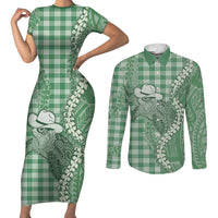 Green Hawaii Palaka Cowboy Turtle Couples Matching Short Sleeve Bodycon Dress and Long Sleeve Button Shirt Hawaiian Paniolo Puakenikeni Maile Lei - Polynesian Pride