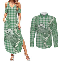 Green Hawaii Palaka Cowboy Turtle Couples Matching Summer Maxi Dress and Long Sleeve Button Shirt Hawaiian Paniolo Puakenikeni Maile Lei - Polynesian Pride