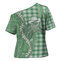 Green Hawaii Palaka Cowboy Turtle Cross Shoulder Shirt Hawaiian Paniolo Puakenikeni Maile Lei - Polynesian Pride