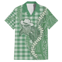 Green Hawaii Palaka Cowboy Turtle Family Matching Long Sleeve Bodycon Dress and Hawaiian Shirt Hawaiian Paniolo Puakenikeni Maile Lei - Polynesian Pride