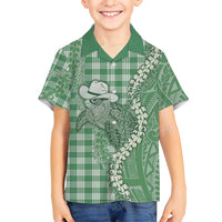 Green Hawaii Palaka Cowboy Turtle Family Matching Long Sleeve Bodycon Dress and Hawaiian Shirt Hawaiian Paniolo Puakenikeni Maile Lei - Polynesian Pride