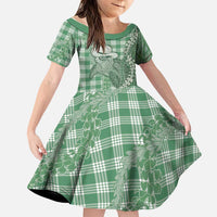 Green Hawaii Palaka Cowboy Turtle Family Matching Off The Shoulder Long Sleeve Dress and Hawaiian Shirt Hawaiian Paniolo Puakenikeni Maile Lei - Polynesian Pride
