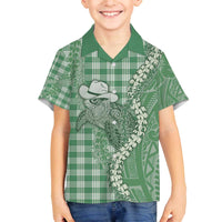 Green Hawaii Palaka Cowboy Turtle Family Matching Off The Shoulder Long Sleeve Dress and Hawaiian Shirt Hawaiian Paniolo Puakenikeni Maile Lei - Polynesian Pride