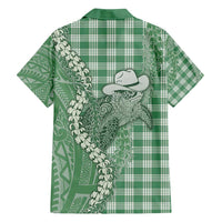 Green Hawaii Palaka Cowboy Turtle Family Matching Off Shoulder Maxi Dress and Hawaiian Shirt Hawaiian Paniolo Puakenikeni Maile Lei - Polynesian Pride