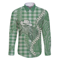 Green Hawaii Palaka Cowboy Turtle Family Matching Off Shoulder Maxi Dress and Hawaiian Shirt Hawaiian Paniolo Puakenikeni Maile Lei - Polynesian Pride