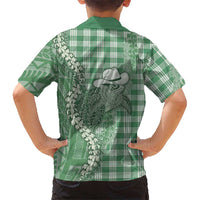 Green Hawaii Palaka Cowboy Turtle Family Matching Off Shoulder Short Dress and Hawaiian Shirt Hawaiian Paniolo Puakenikeni Maile Lei - Polynesian Pride