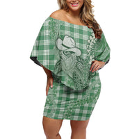 Green Hawaii Palaka Cowboy Turtle Family Matching Off Shoulder Short Dress and Hawaiian Shirt Hawaiian Paniolo Puakenikeni Maile Lei - Polynesian Pride