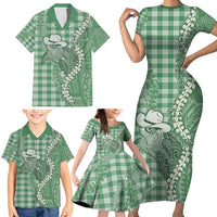 Green Hawaii Palaka Cowboy Turtle Family Matching Short Sleeve Bodycon Dress and Hawaiian Shirt Hawaiian Paniolo Puakenikeni Maile Lei - Polynesian Pride