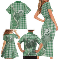 Green Hawaii Palaka Cowboy Turtle Family Matching Short Sleeve Bodycon Dress and Hawaiian Shirt Hawaiian Paniolo Puakenikeni Maile Lei - Polynesian Pride