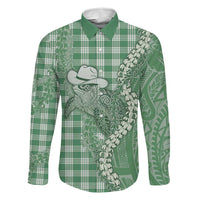 Green Hawaii Palaka Cowboy Turtle Family Matching Short Sleeve Bodycon Dress and Hawaiian Shirt Hawaiian Paniolo Puakenikeni Maile Lei - Polynesian Pride