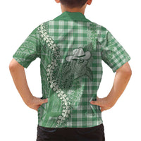 Green Hawaii Palaka Cowboy Turtle Family Matching Tank Maxi Dress and Hawaiian Shirt Hawaiian Paniolo Puakenikeni Maile Lei - Polynesian Pride