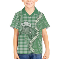 Green Hawaii Palaka Cowboy Turtle Kid Hawaiian Shirt Hawaiian Paniolo Puakenikeni Maile Lei - Polynesian Pride