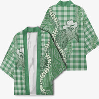 Green Hawaii Palaka Cowboy Turtle Kimono Hawaiian Paniolo Puakenikeni Maile Lei - Polynesian Pride
