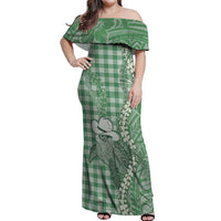 Green Hawaii Palaka Cowboy Turtle Off Shoulder Maxi Dress Hawaiian Paniolo Puakenikeni Maile Lei - Polynesian Pride