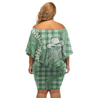 Green Hawaii Palaka Cowboy Turtle Off Shoulder Short Dress Hawaiian Paniolo Puakenikeni Maile Lei - Polynesian Pride